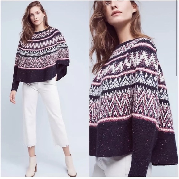 Anthropologie Women’s Sleeping on Snow Midland Fair Isle Poncho Pullover Sweater - Picture 2 of 10